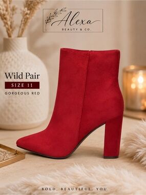 Wild Pair Red Suede Block Heel Ankle Boots